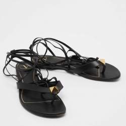 Pre Owned Valentino Black Leather Roman Stud Ankle Wrap Sandals Size 39