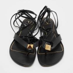 Pre Owned Valentino Black Leather Roman Stud Ankle Wrap Sandals Size 39