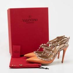 Pre Owned Valentino Orange/Beige Leather Rockstud Ankle Strap Pumps Size 41