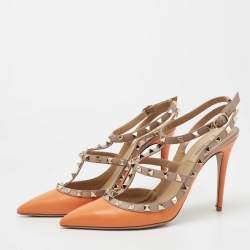 Pre Owned Valentino Orange/Beige Leather Rockstud Ankle Strap Pumps Size 41