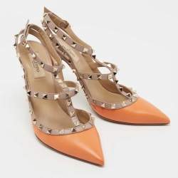 Pre Owned Valentino Orange/Beige Leather Rockstud Ankle Strap Pumps Size 41