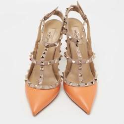 Pre Owned Valentino Orange/Beige Leather Rockstud Ankle Strap Pumps Size 41