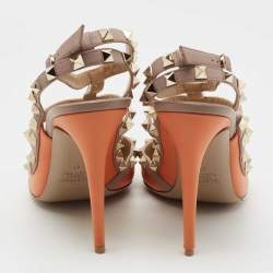 Pre Owned Valentino Orange/Beige Leather Rockstud Ankle Strap Pumps Size 41
