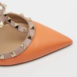Pre Owned Valentino Orange/Beige Leather Rockstud Ankle Strap Pumps Size 41