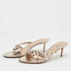 Pre Owned Valentino Metallic Leather Rockstud Slide Sandals Size 38.5