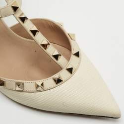 Pre Owned Valentino Cream Lizard Embossed Leather Rockstud Ankle Strap Pumps Size 37