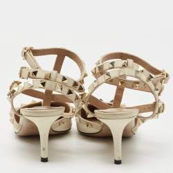Pre Owned Valentino Cream Lizard Embossed Leather Rockstud Ankle Strap Pumps Size 37