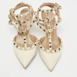 Pre Owned Valentino Cream Lizard Embossed Leather Rockstud Ankle Strap Pumps Size 37