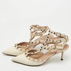 Pre Owned Valentino Cream Lizard Embossed Leather Rockstud Ankle Strap Pumps Size 37