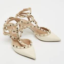 Pre Owned Valentino Cream Lizard Embossed Leather Rockstud Ankle Strap Pumps Size 37