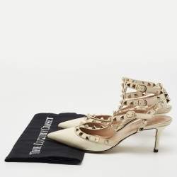Pre Owned Valentino Cream Lizard Embossed Leather Rockstud Ankle Strap Pumps Size 37