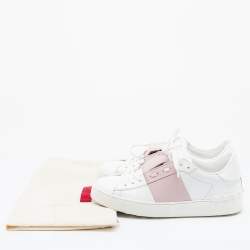 Pre Owned Valentino White/Blush Pink Leather Rockstud Low Top Sneakers Size 37.5