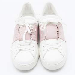 Pre Owned Valentino White/Blush Pink Leather Rockstud Low Top Sneakers Size 37.5