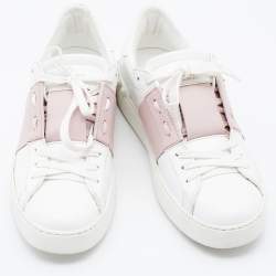 Pre Owned Valentino White/Blush Pink Leather Rockstud Low Top Sneakers Size 37.5