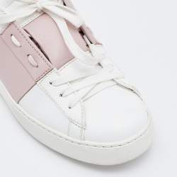 Pre Owned Valentino White/Blush Pink Leather Rockstud Low Top Sneakers Size 37.5