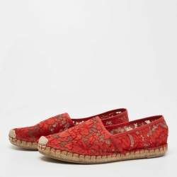 Pre Owned Valentino Red Lace Espadrille Flats Size 40