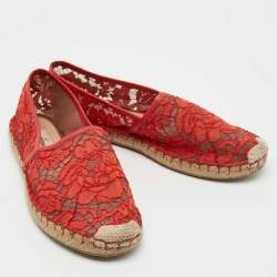 Pre Owned Valentino Red Lace Espadrille Flats Size 40