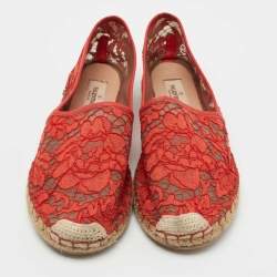 Pre Owned Valentino Red Lace Espadrille Flats Size 40