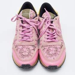 Pre Owned Valentino Multicolor Leather, Suede and Lace Rockrunner Low Top Sneakers Size 39