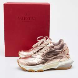 Pre Owned Valentino Metallic Rose Gold Leather Bounce Sneakers Size 38.5