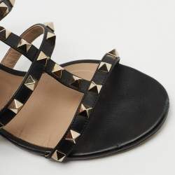 Pre Owned Valentino Black Leather Rockstud Slide Sandals Size 36.5