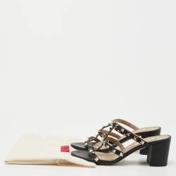 Pre Owned Valentino Black Leather Rockstud Slide Sandals Size 36.5