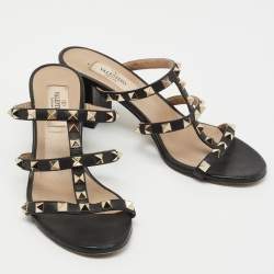 Pre Owned Valentino Black Leather Rockstud Slide Sandals Size 36.5