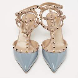 Pre Owned Valentino Blue/Beige Patent and Leather Rockstud Pumps Size 41