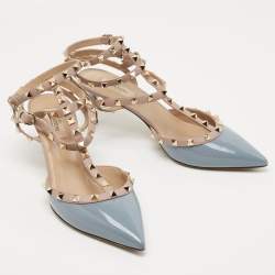Pre Owned Valentino Blue/Beige Patent and Leather Rockstud Pumps Size 41