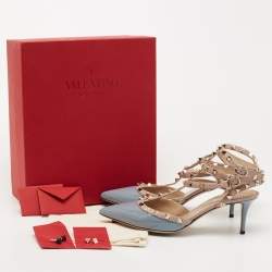 Pre Owned Valentino Blue/Beige Patent and Leather Rockstud Pumps Size 41