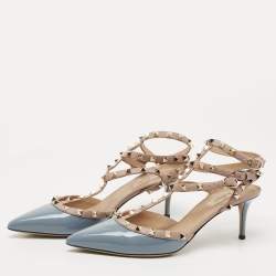 Pre Owned Valentino Blue/Beige Patent and Leather Rockstud Pumps Size 41