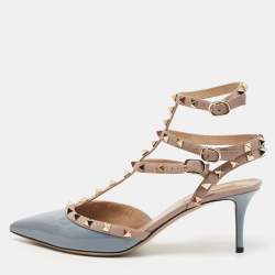 Pre Owned Valentino Blue/Beige Patent and Leather Rockstud Pumps Size 41