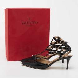 Pre Owned Valentino Black Patent Rockstud Caged Pumps Size 41