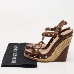 Pre Owned Valentino Brown Leather Rockstud Espadrille Wedge Sandals Size 37