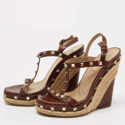 Pre Owned Valentino Brown Leather Rockstud Espadrille Wedge Sandals Size 37