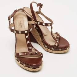 Pre Owned Valentino Brown Leather Rockstud Espadrille Wedge Sandals Size 37