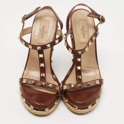Pre Owned Valentino Brown Leather Rockstud Espadrille Wedge Sandals Size 37