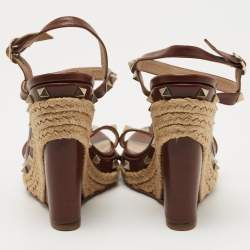 Pre Owned Valentino Brown Leather Rockstud Espadrille Wedge Sandals Size 37