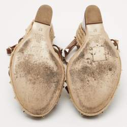 Pre Owned Valentino Brown Leather Rockstud Espadrille Wedge Sandals Size 37