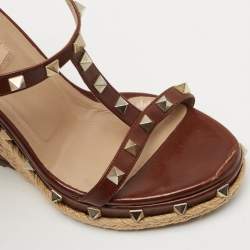 Pre Owned Valentino Brown Leather Rockstud Espadrille Wedge Sandals Size 37