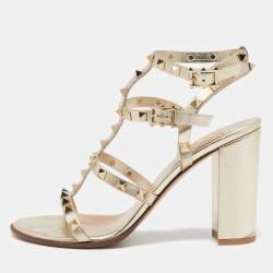 Pre Owned Valentino Metallic Gold Leather Rockstud Ankle Strap Sandals Size 39.5
