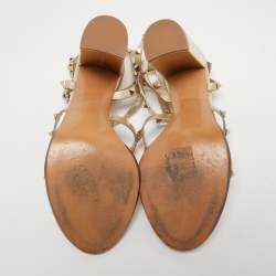 Pre Owned Valentino Metallic Gold Leather Rockstud Ankle Strap Sandals Size 39.5