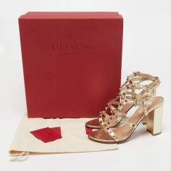 Pre Owned Valentino Metallic Gold Leather Rockstud Ankle Strap Sandals Size 39.5