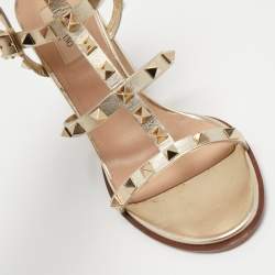 Pre Owned Valentino Metallic Gold Leather Rockstud Ankle Strap Sandals Size 39.5