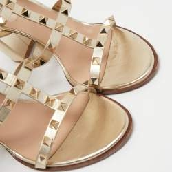 Pre Owned Valentino Metallic Gold Leather Rockstud Ankle Strap Sandals Size 39.5
