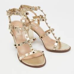Pre Owned Valentino Metallic Gold Leather Rockstud Ankle Strap Sandals Size 39.5