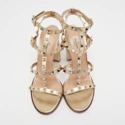 Pre Owned Valentino Metallic Gold Leather Rockstud Ankle Strap Sandals Size 39.5