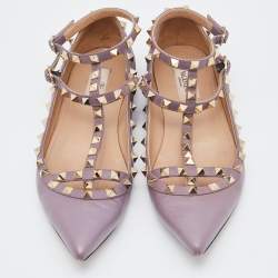 Pre Owned Valentino Pale Pink Leather Rockstud Ankle Strap Ballet Flats Size 38.5