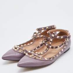 Pre Owned Valentino Pale Pink Leather Rockstud Ankle Strap Ballet Flats Size 38.5