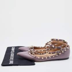 Pre Owned Valentino Pale Pink Leather Rockstud Ankle Strap Ballet Flats Size 38.5